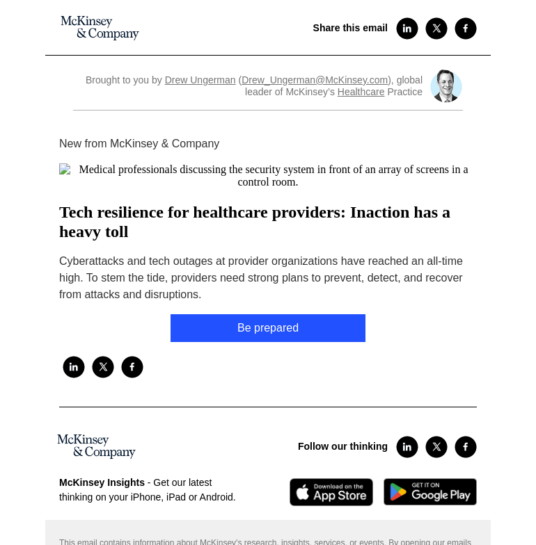 Письмо компании «McKinsey & Company» на тему «Tech resilience for healthcare providers: Inaction has a heavy toll»