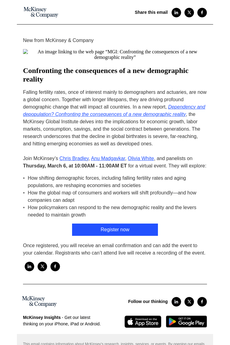 Письмо компании «McKinsey & Company» на тему «Reminder: Join us for a McKinsey virtual event on dependency and
 depopulation»