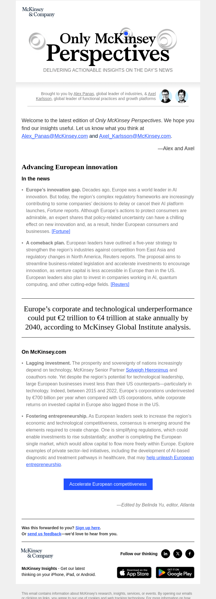 Письмо компании «McKinsey & Company» на тему «What it will take to boost Europe’s competitiveness»