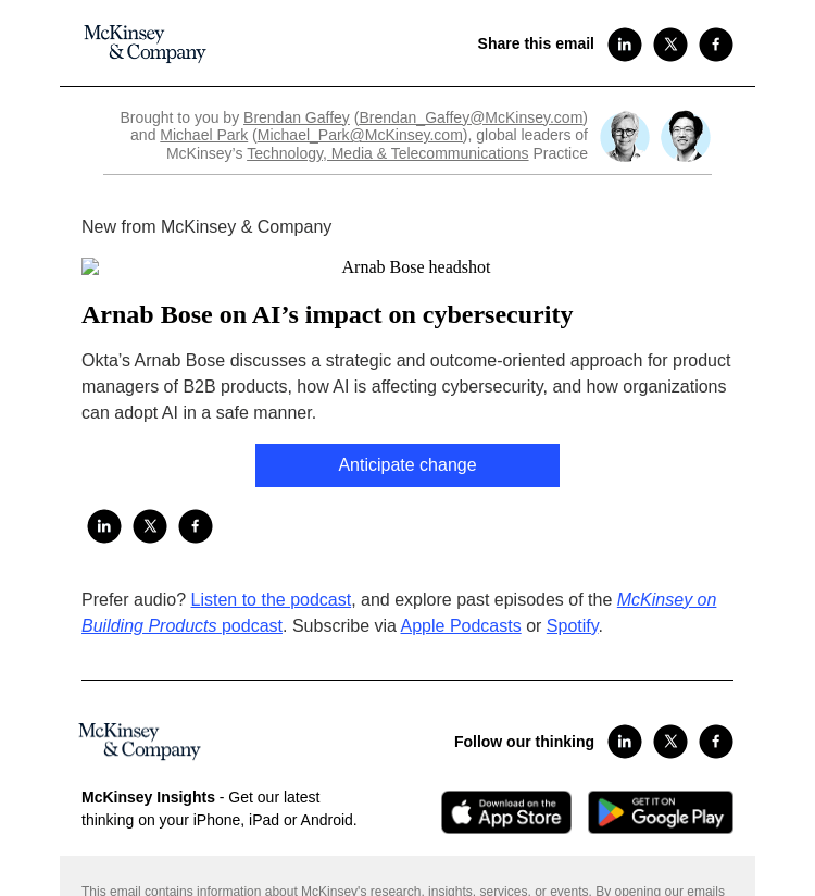 Письмо компании «McKinsey & Company» на тему «Arnab Bose on AI’s impact on cybersecurity»