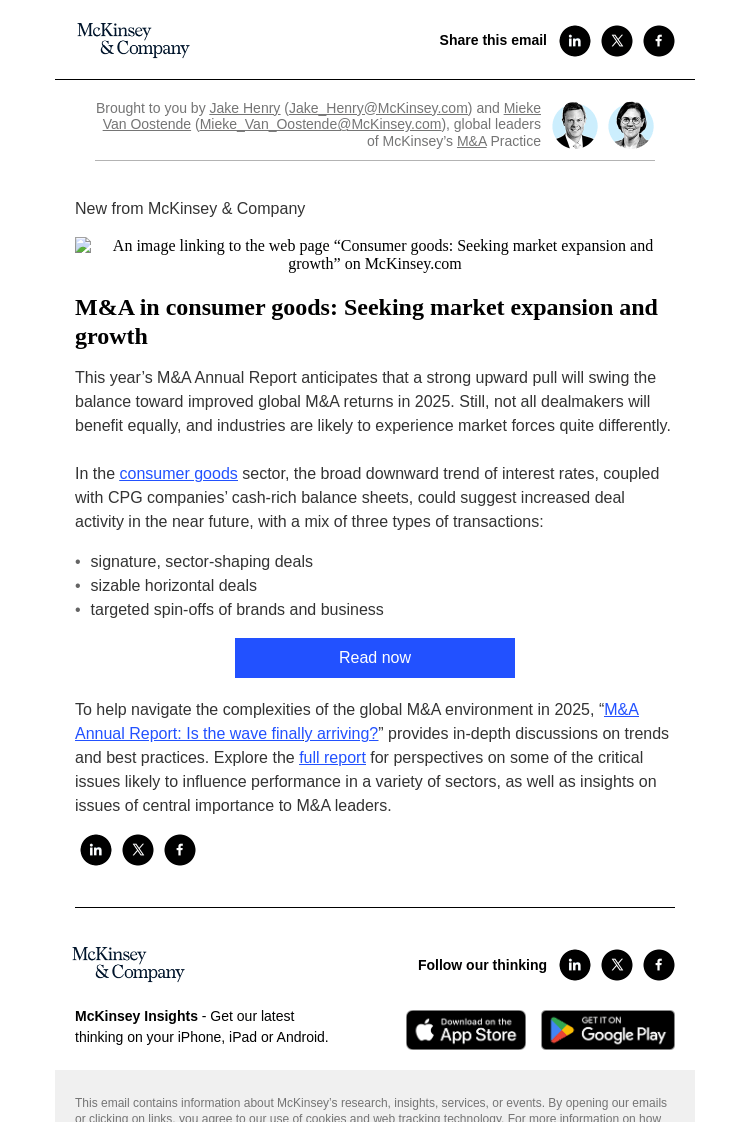 Письмо компании «McKinsey & Company» на тему «M&A in consumer goods: Seeking market expansion and growth»