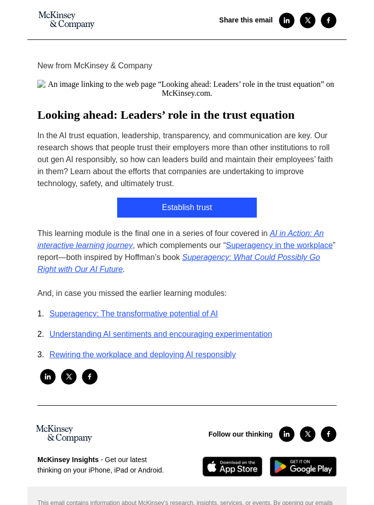 Письмо компании «McKinsey & Company» на тему «Leaders’ role in the trust equation: “AI in action” learning module 4»