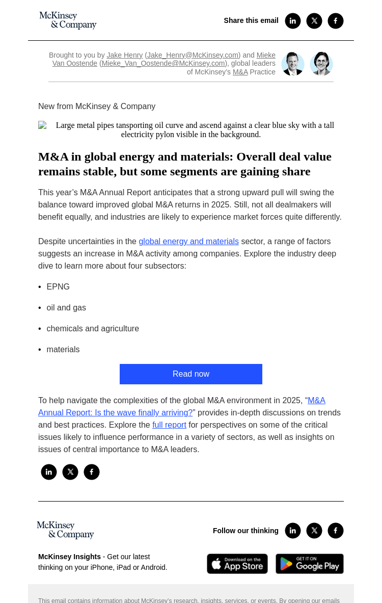 Письмо компании «McKinsey & Company» на тему «M&A in global energy and materials: Overall deal value remains
 stable, but some segments are gaining share»
