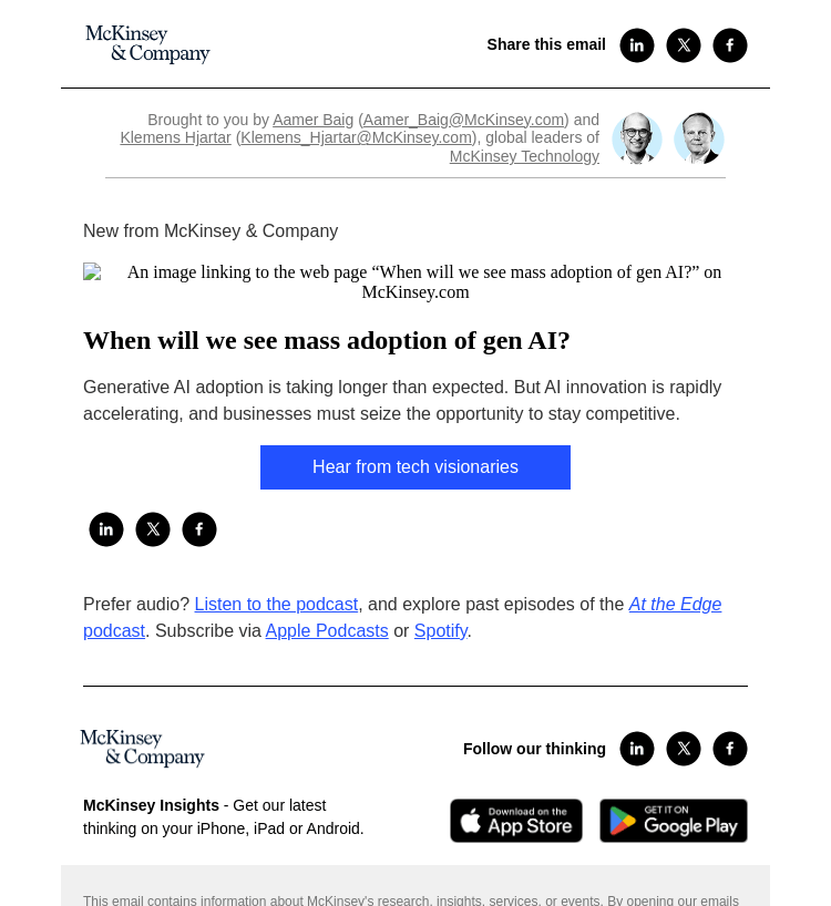 Письмо компании «McKinsey & Company» на тему «When will we see mass adoption of gen AI?»