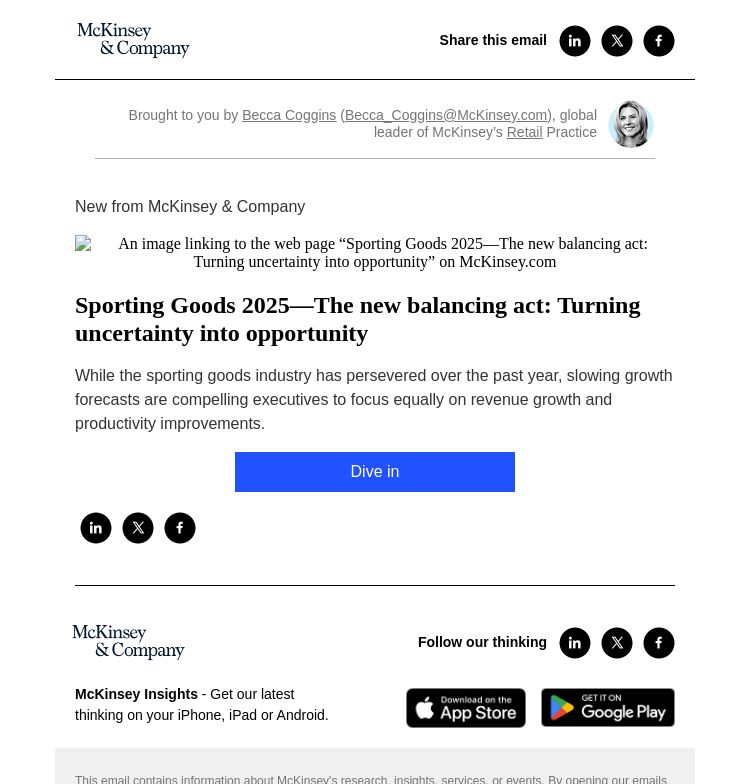 Письмо компании «McKinsey & Company» на тему «See the Sporting Goods 2025 report»