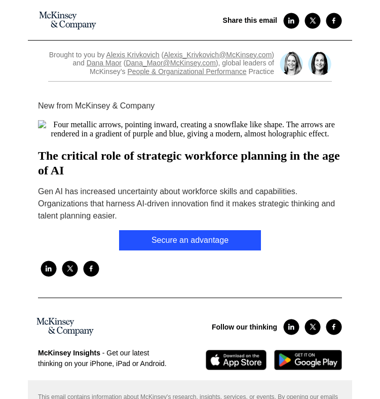 Письмо компании «McKinsey & Company» на тему «The critical role of strategic workforce planning in the age of AI»