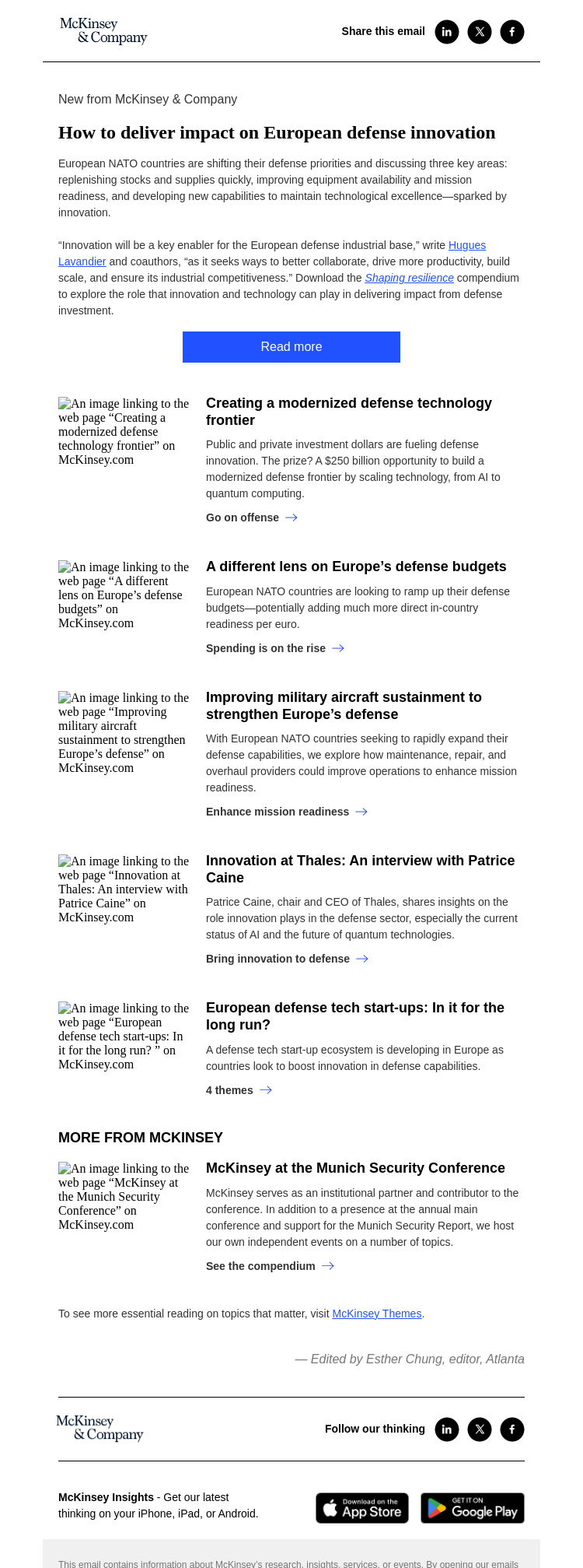 Письмо компании «McKinsey & Company» на тему «Read these 5 new insights on European defense innovation»