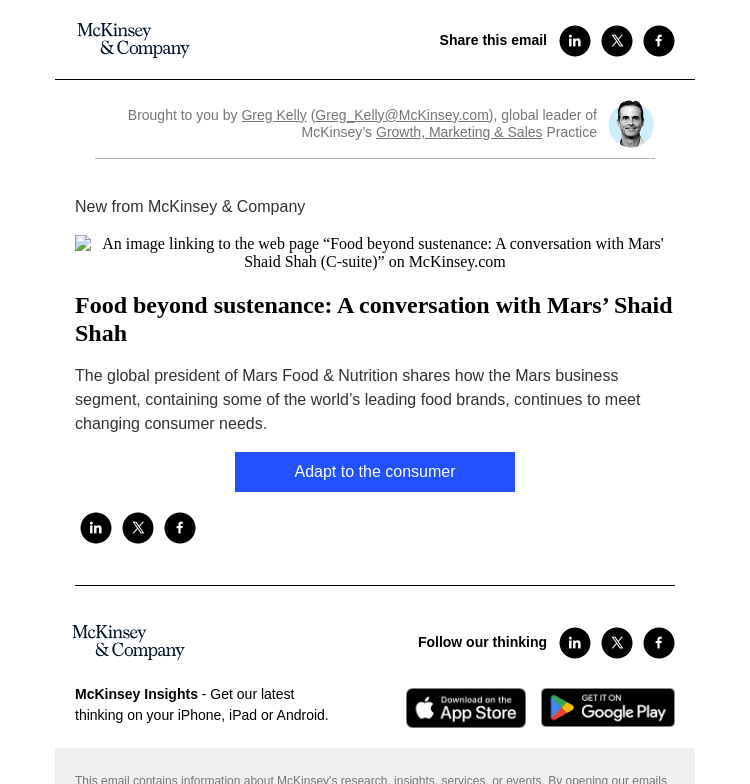 Письмо компании «McKinsey & Company» на тему «Food beyond sustenance: A conversation with Mars’ Shaid Shah»