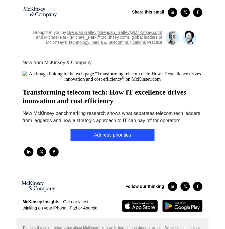 Письмо компании «McKinsey & Company» на тему «Transforming telecom tech: How IT excellence drives innovation and
 cost efficiency»