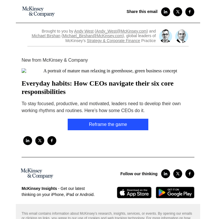 Письмо компании «McKinsey & Company» на тему «Everyday habits: How CEOs navigate their six core responsibilities»