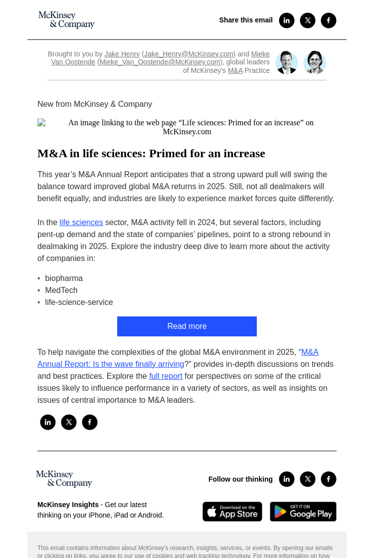 Письмо компании «McKinsey & Company» на тему «2025 M&A Report: A deep dive on life sciences»