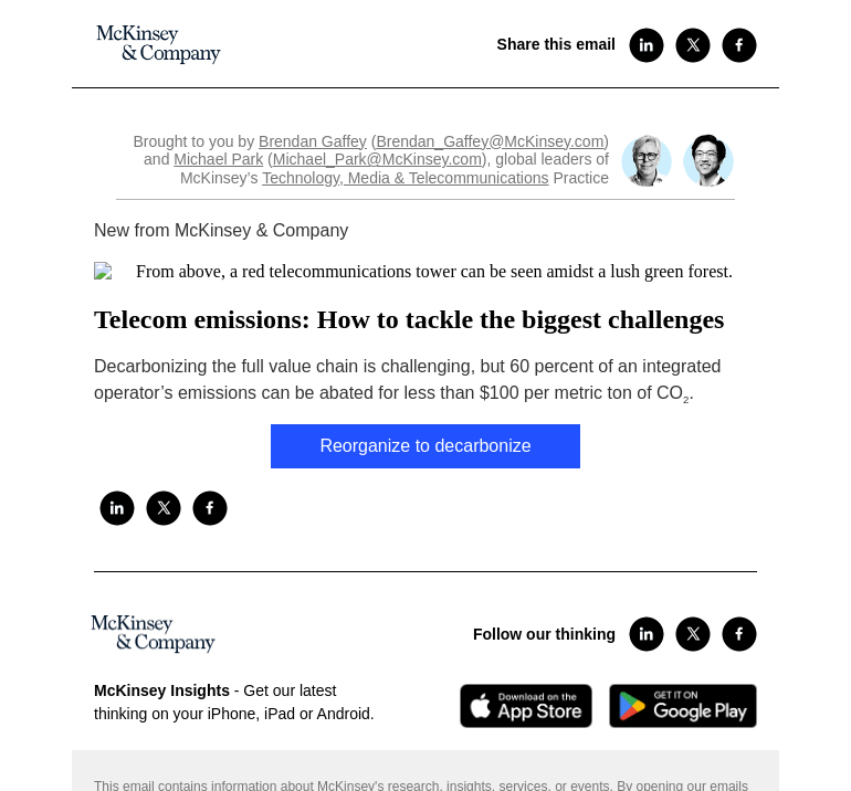Письмо компании «McKinsey & Company» на тему «Telecom emissions: How to tackle the biggest challenges»