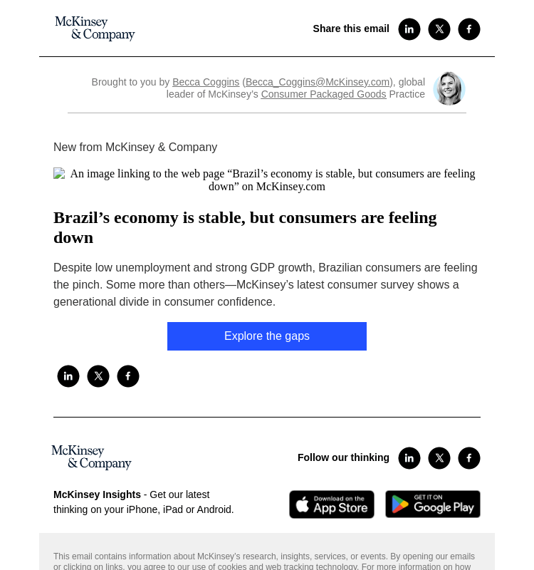 Письмо компании «McKinsey & Company» на тему «Brazil’s economy is stable, but consumers are feeling down»
