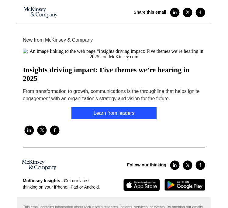 Письмо компании «McKinsey & Company» на тему «Insights driving impact: Five themes we’re hearing in 2025»
