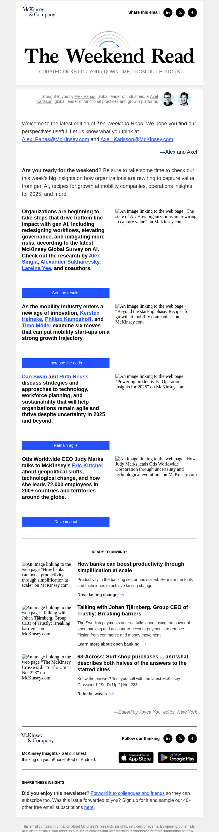 Письмо компании «McKinsey & Company» на тему «How organizations are capturing value from gen AI, recipes for
 growth at mobility companies, operations insights for 2025, and more: The
 Weekend Read»