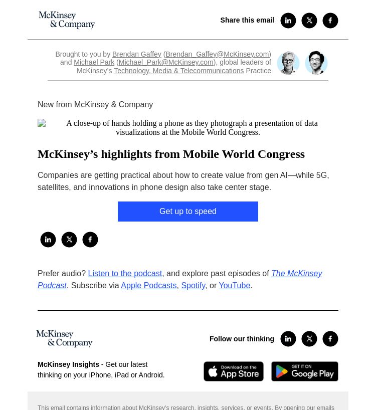 Письмо компании «McKinsey & Company» на тему «McKinsey’s highlights from Mobile World Congress»