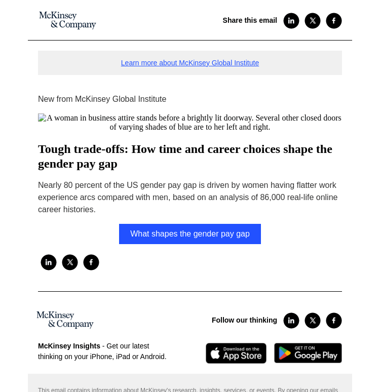 Письмо компании «McKinsey & Company» на тему «Tough trade-offs: How time and career choices shape the gender pay
 gap»