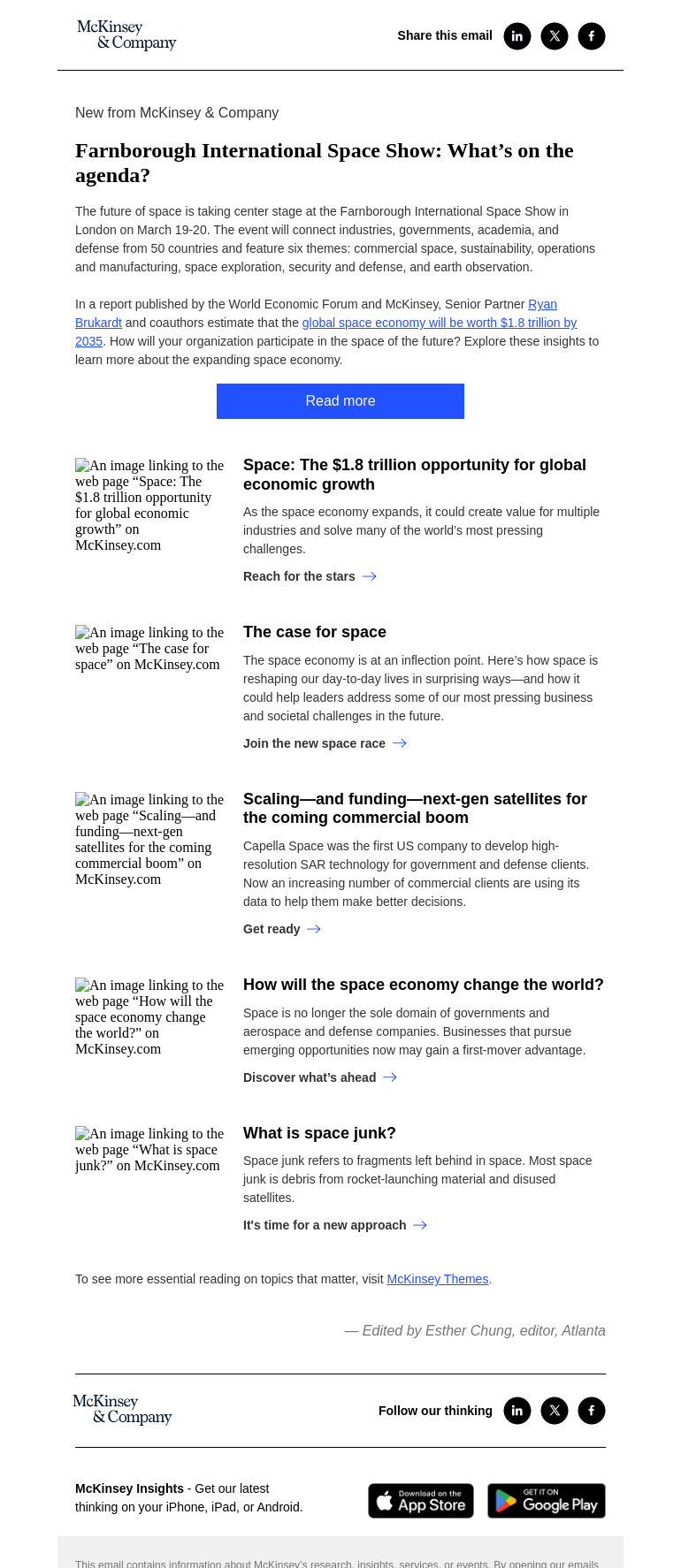 Письмо компании «McKinsey & Company» на тему «The case for space: Farnborough International Space Show»