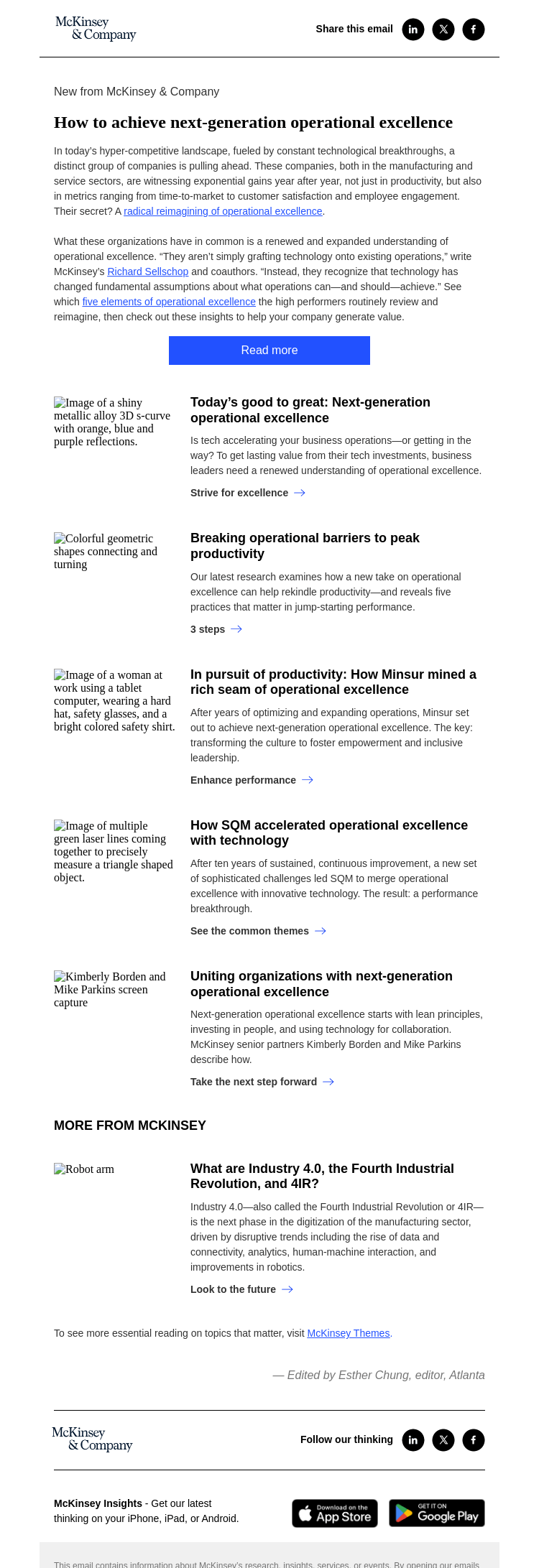Письмо компании «McKinsey & Company» на тему «5 elements of operational excellence to reexamine»