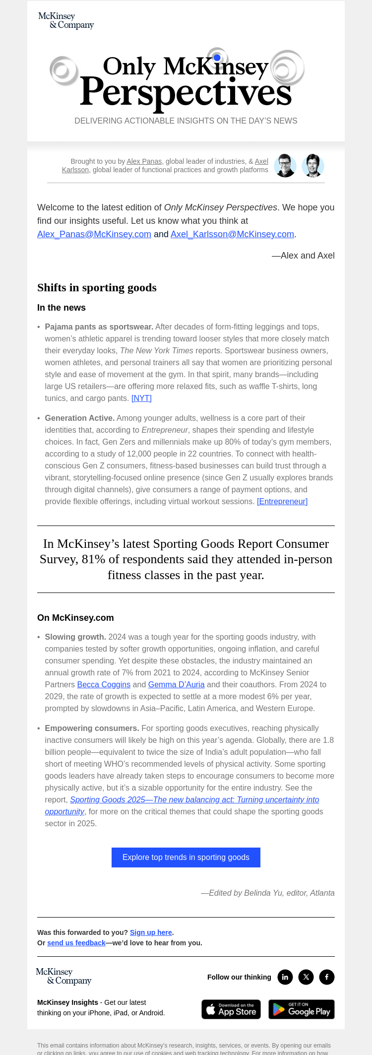 Письмо компании «McKinsey & Company» на тему «Sporting goods: Explore the latest trends»