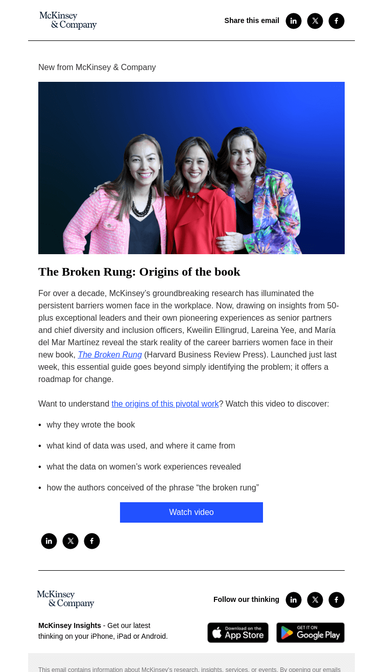 Письмо компании «McKinsey & Company» на тему «The Broken Rung: Origins of the book»