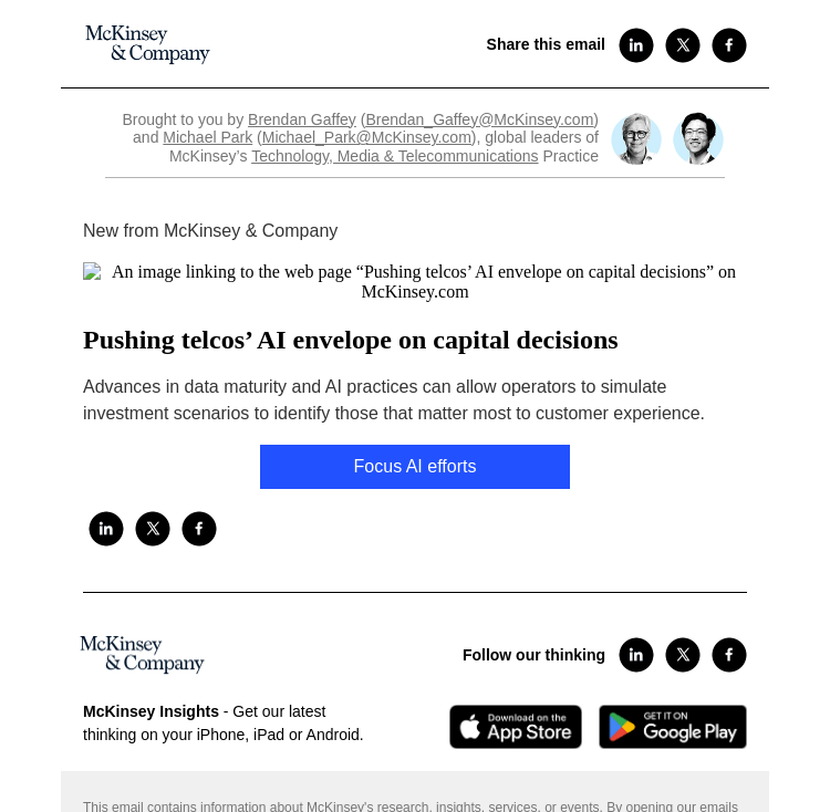 Письмо компании «McKinsey & Company» на тему «Pushing telcos’ AI envelope on capital decisions»