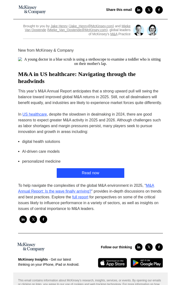 Письмо компании «McKinsey & Company» на тему «[2025 M&A Report] A deep dive on US healthcare»
