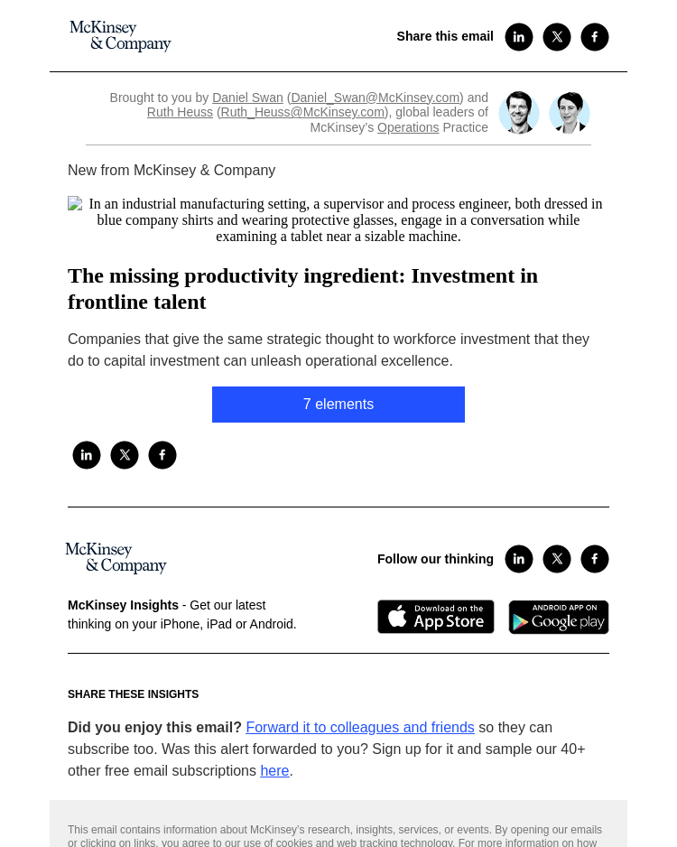 Письмо компании «McKinsey & Company» на тему «The missing productivity ingredient: Investment in frontline talent»