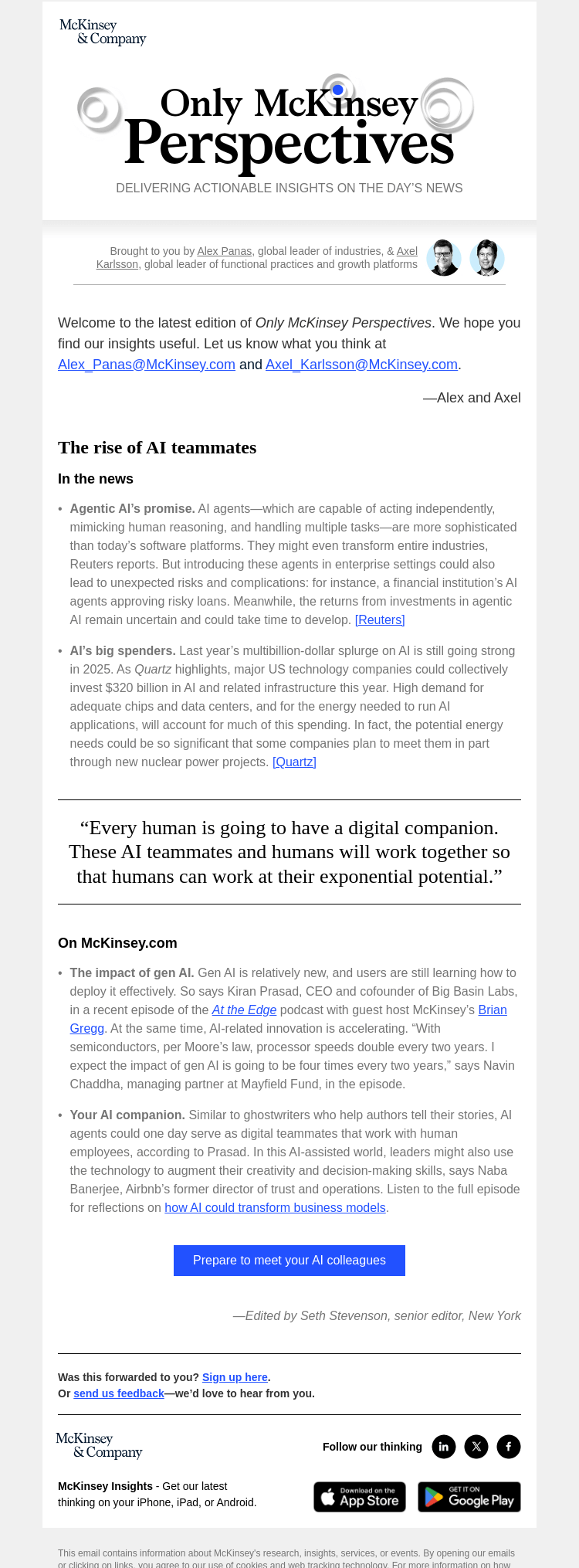 Письмо компании «McKinsey & Company» на тему «Your next coworker might be a gen AI agent»