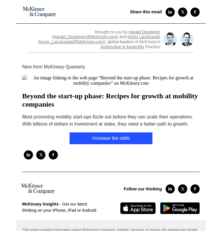 Письмо компании «McKinsey & Company» на тему «Beyond the start-up phase: Recipes for growth at mobility companies»
