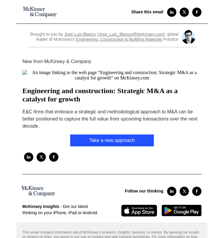Письмо компании «McKinsey & Company» на тему «Engineering and construction: Strategic M&A as a catalyst for
 growth»