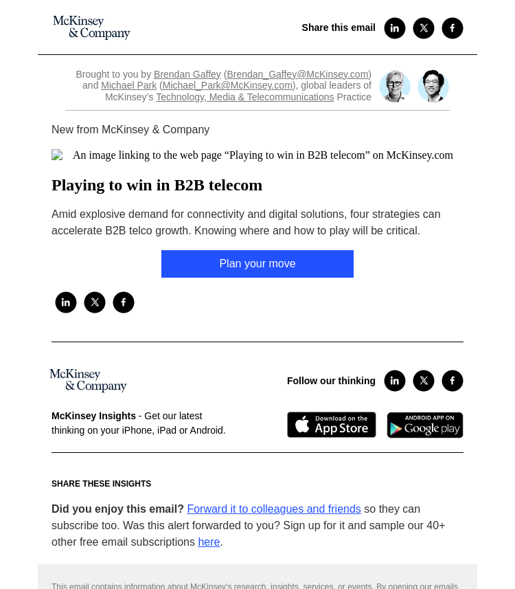 Письмо компании «McKinsey & Company» на тему «Playing to win in B2B telecom»