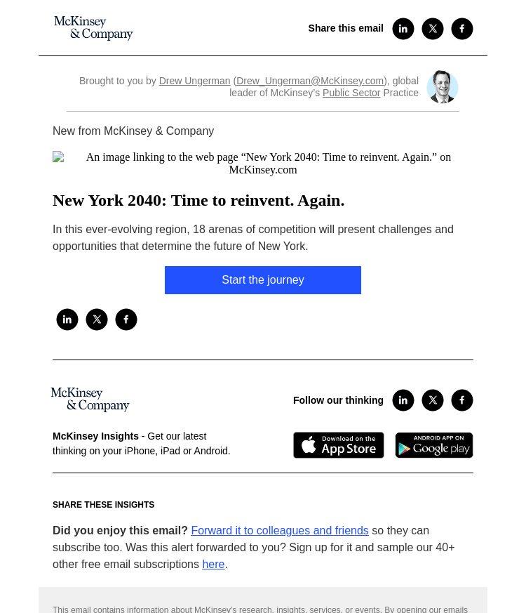 Письмо компании «McKinsey & Company» на тему «New York 2040: Time to reinvent. Again.»