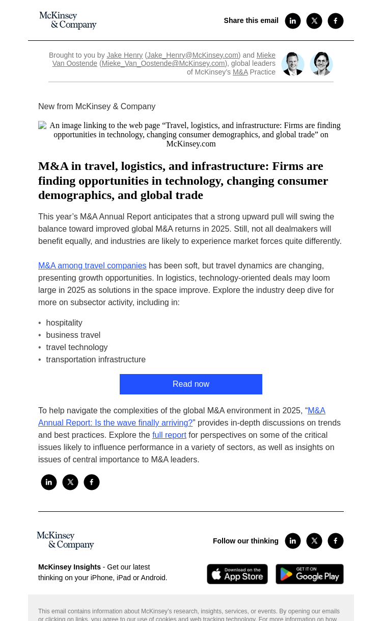 Письмо компании «McKinsey & Company» на тему «[2025 M&A Report] A deep dive on travel, logistics, and
 infrastructure»