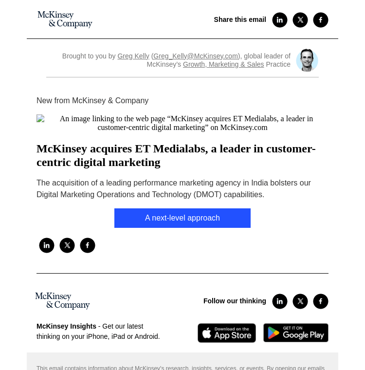 Письмо компании «McKinsey & Company» на тему «McKinsey acquires ET Medialabs, a leader in customer-centric
 digital marketing»