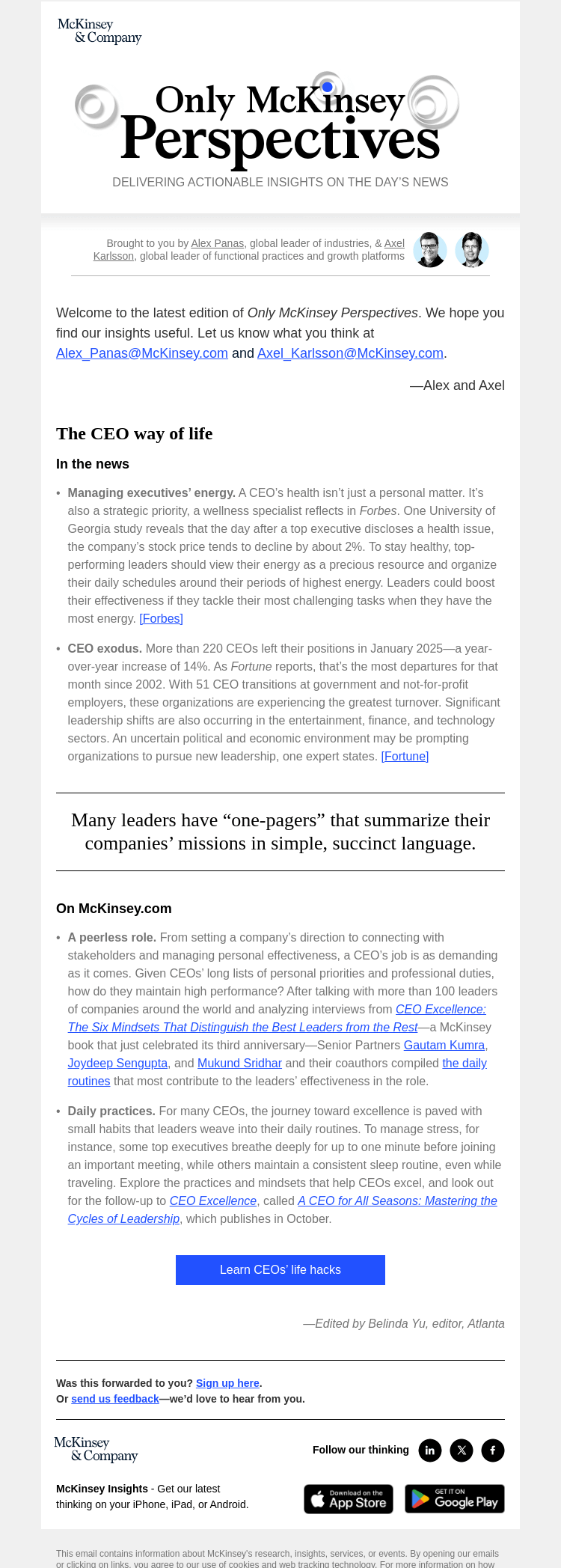 Письмо компании «McKinsey & Company» на тему «What habits do you share with the best CEOs?»