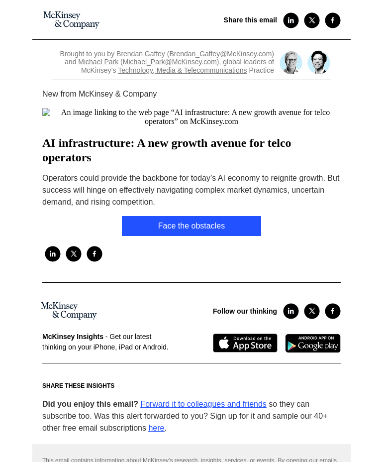Письмо компании «McKinsey & Company» на тему «AI infrastructure: A new growth avenue for telco operators»