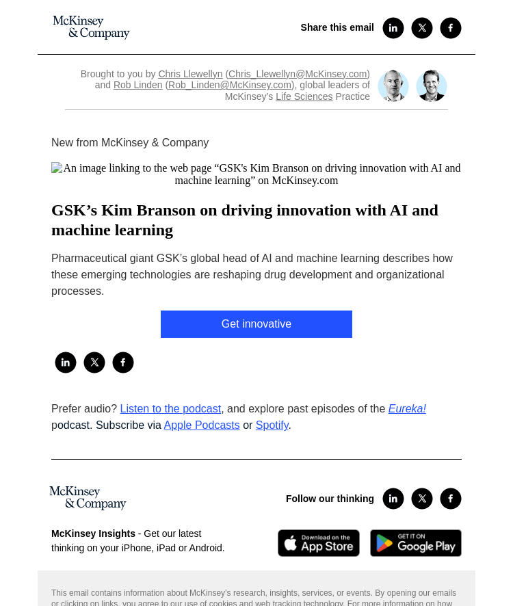 Письмо компании «McKinsey & Company» на тему «GSK’s Kim Branson on driving innovation with AI and machine learning»