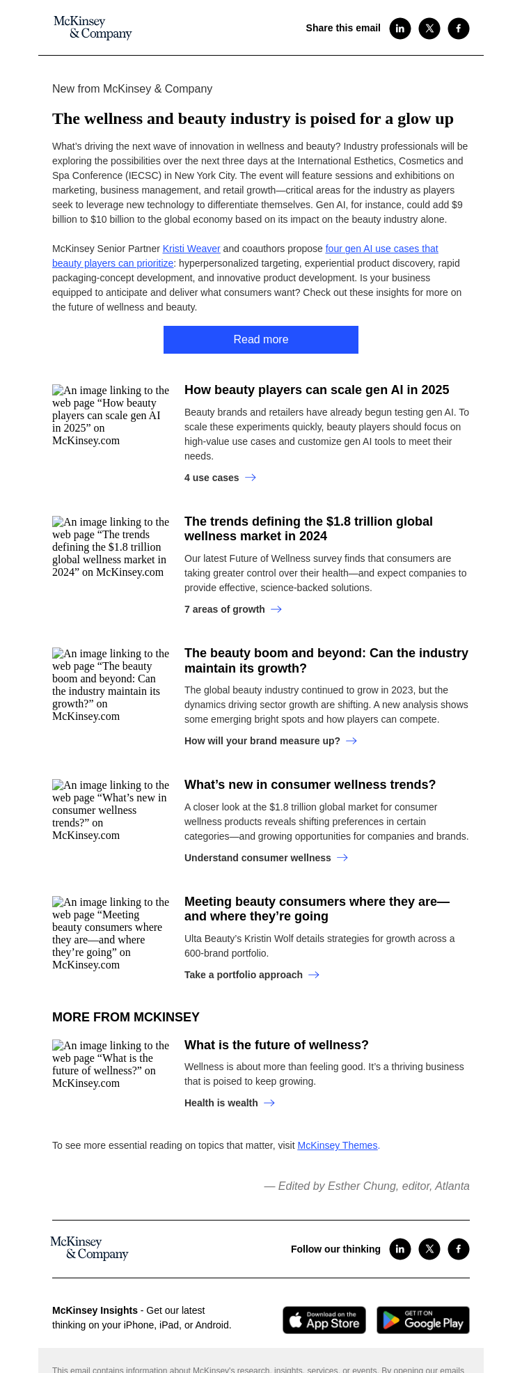Письмо компании «McKinsey & Company» на тему «Wellness and beauty: gen AI, experiential product discovery, and
 more»