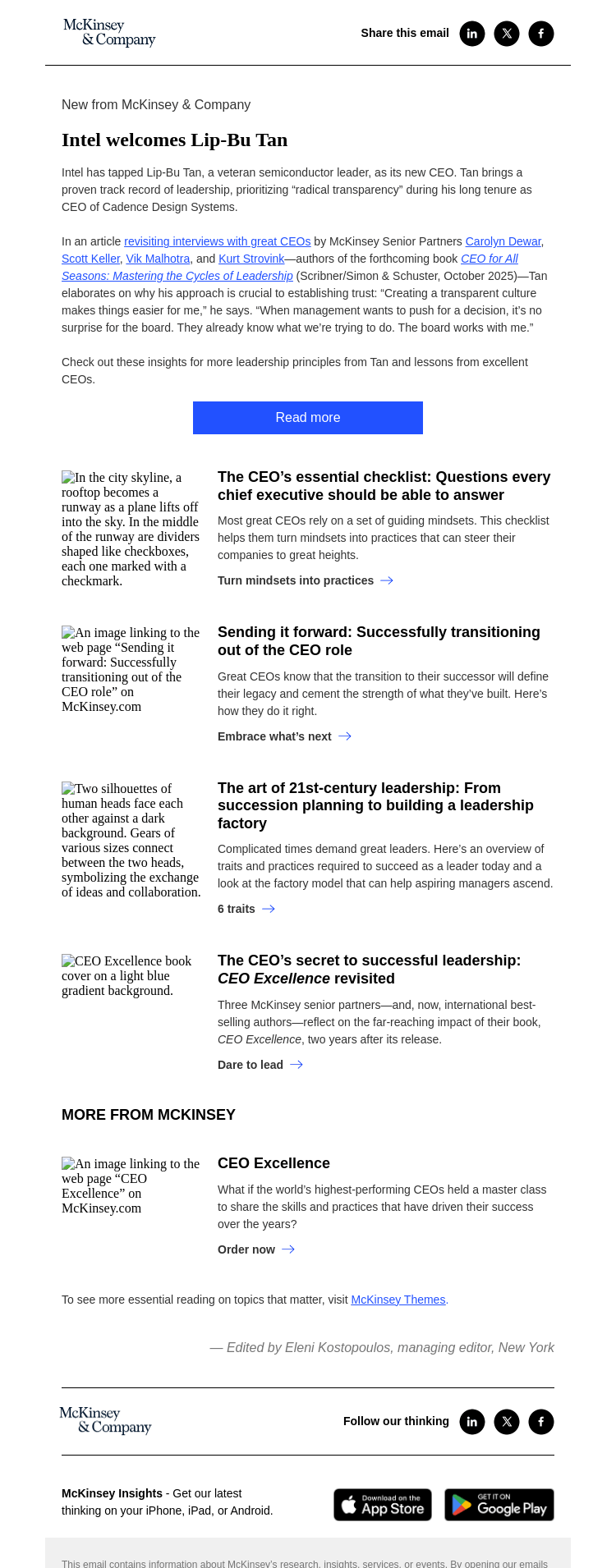 Письмо компании «McKinsey & Company» на тему «CEOs in the news: Intel welcomes Lip-Bu Tan»
