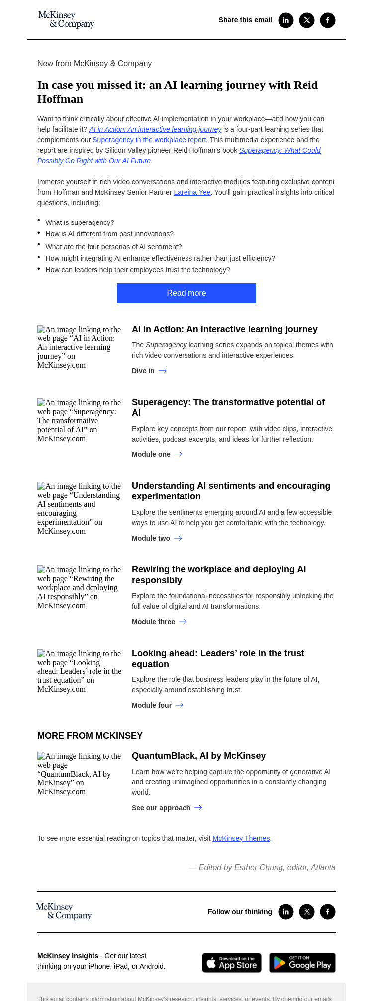 Письмо компании «McKinsey & Company» на тему «In case you missed it: an AI learning journey with Reid Hoffman»