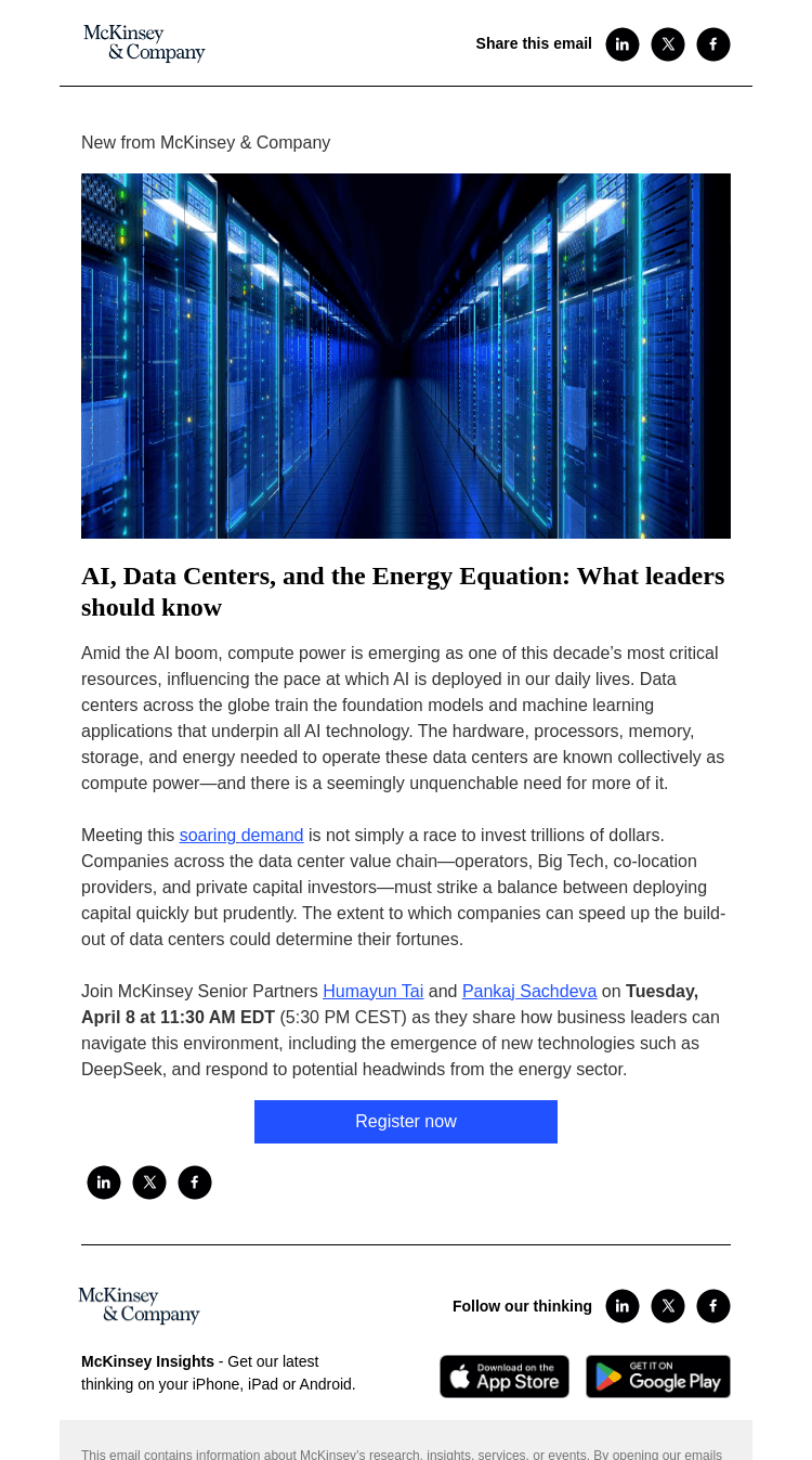 Письмо компании «McKinsey & Company» на тему «You’re invited! Join us for a McKinsey Live virtual event on AI, data centers, and the energy equation»