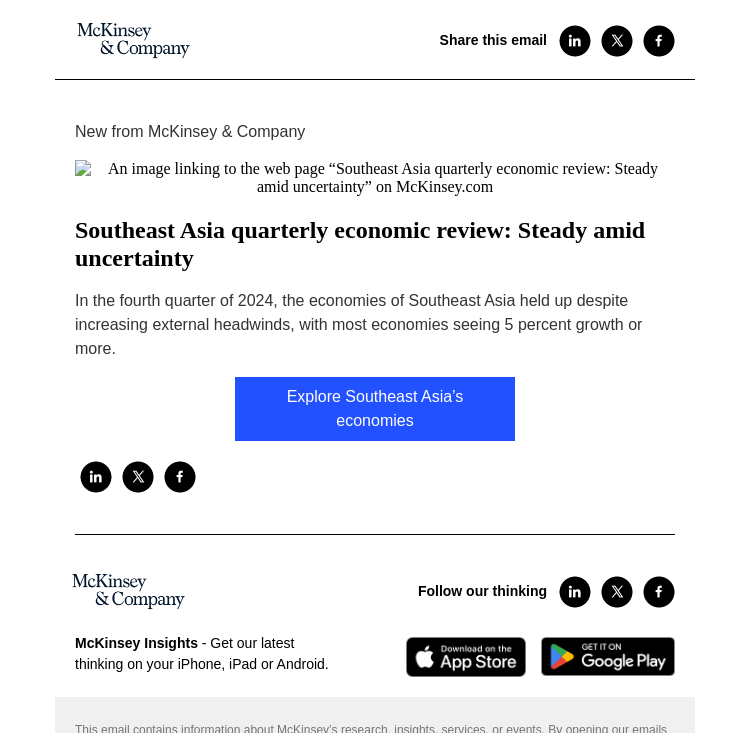 Письмо компании «McKinsey & Company» на тему «Southeast Asia quarterly economic review: Steady amid uncertainty»