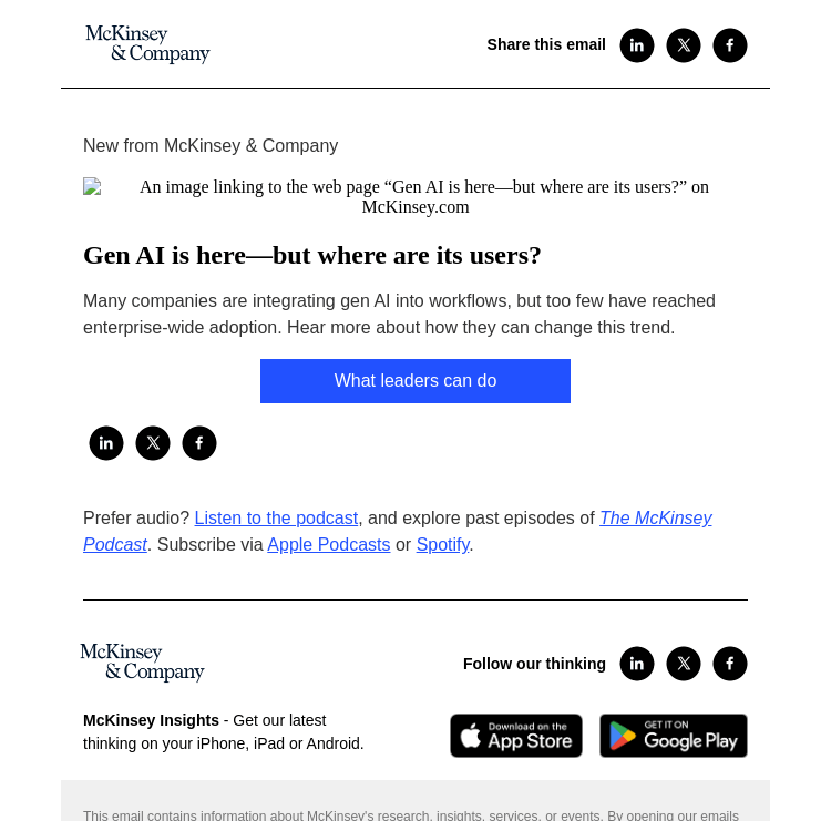 Письмо компании «McKinsey & Company» на тему «Gen AI is here—but where are its users?»