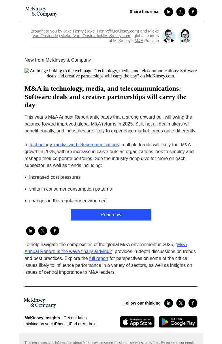 Письмо компании «McKinsey & Company» на тему «2025 M&A Report: A deep dive on technology, media, and
 telecommunications»