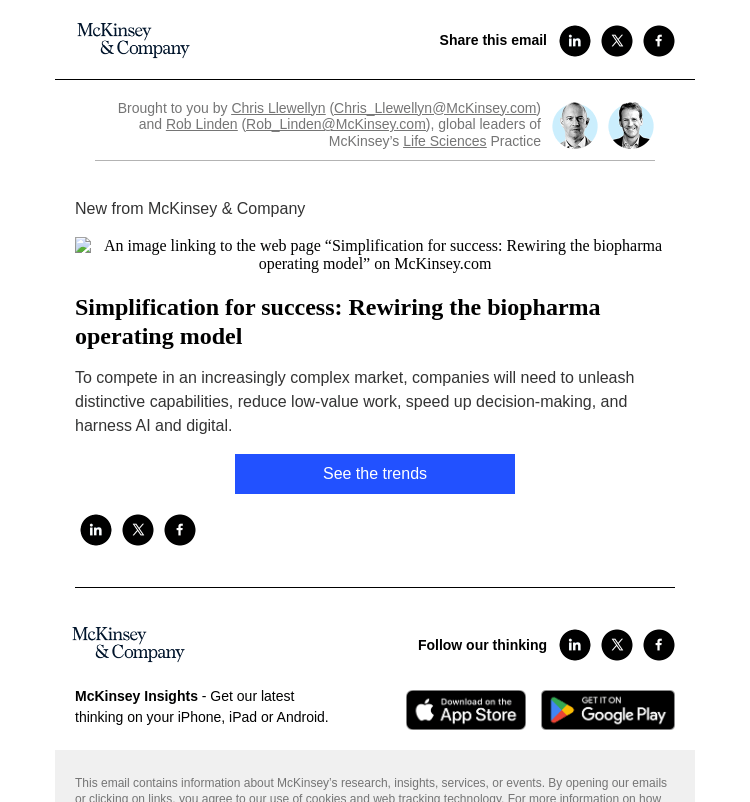 Письмо компании «McKinsey & Company» на тему «Simplification for success: Rewiring the biopharma operating model»