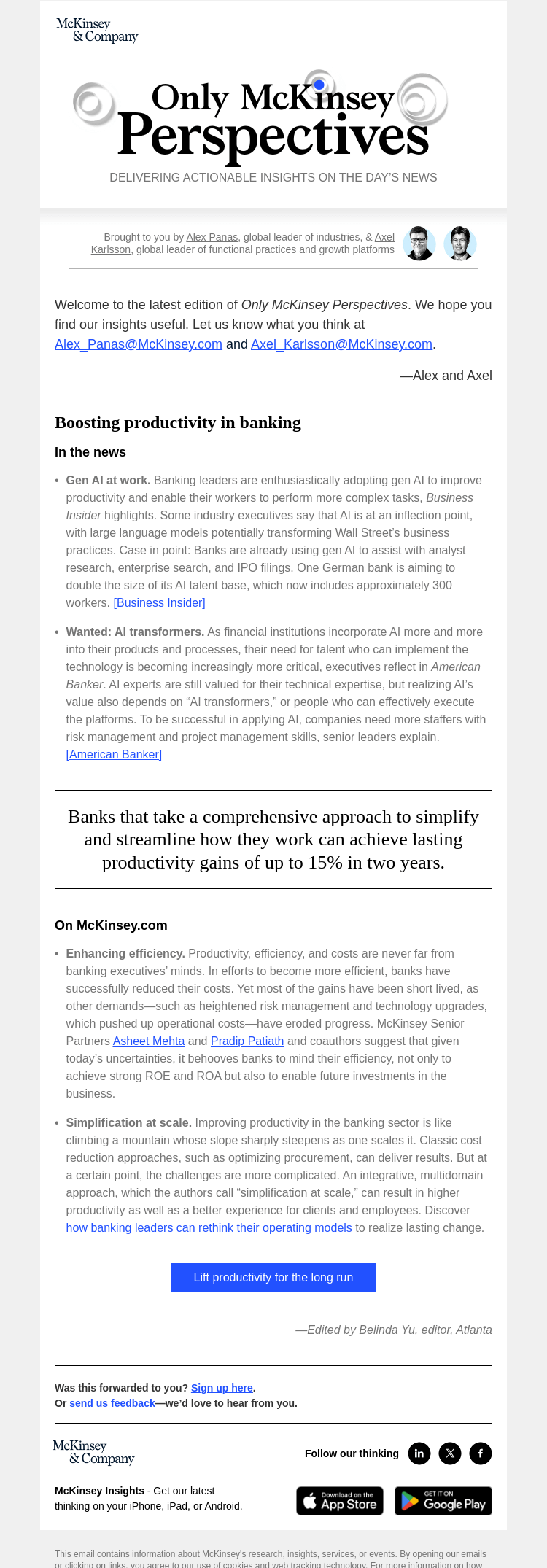 Письмо компании «McKinsey & Company» на тему «How can banking leaders make lasting productivity gains?»