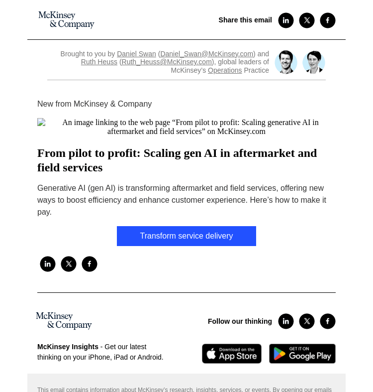 Письмо компании «McKinsey & Company» на тему «From pilot to profit: Scaling gen AI in aftermarket and field
 services»
