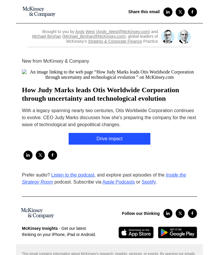 Письмо компании «McKinsey & Company» на тему «How Judy Marks leads Otis Worldwide Corporation through uncertainty
 and technological evolution»