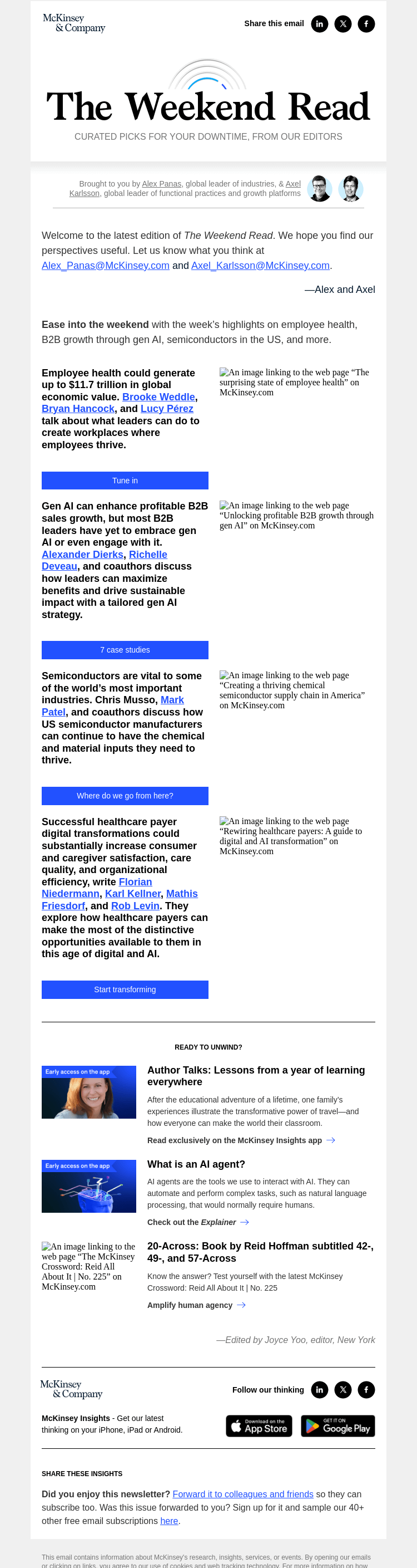 Письмо компании «McKinsey & Company» на тему «Employee health, B2B growth through gen AI, semiconductors in the
 US, and more: The Weekend Read»